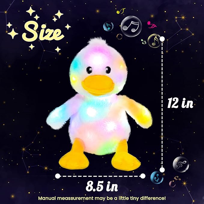 Hopearl LED Musical Stuffed Duck Light up Singing Duckling Plush Toy Adjustable Volume Lullaby Animated Soothe Birthday Gifts for Kids Toddler Girls, White, 11''
