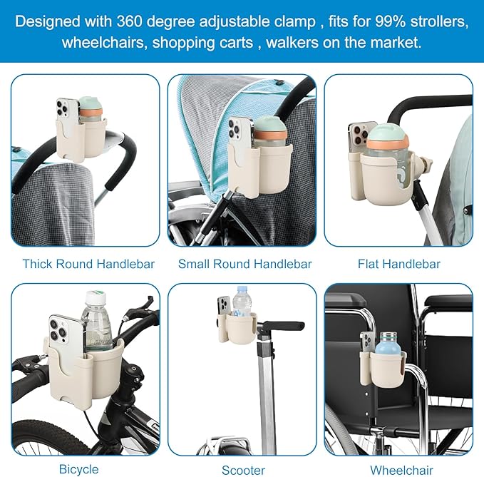 Accmor Stroller Cup Holder with Phone Holder, Bike Cup Holder, Universal Cup Holder for Uppababy Nuna Doona Strollers, 2-in-1 Cup Phone Holder for Stroller Bike Accessory
