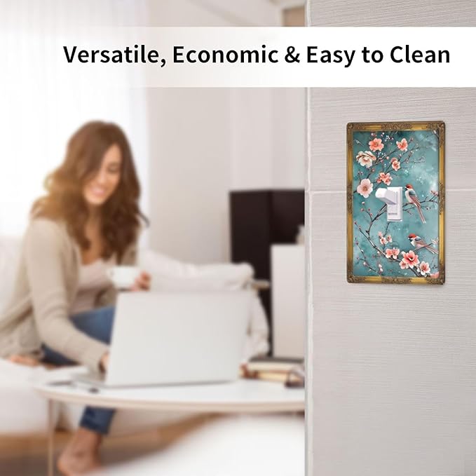 Decorative Art Light Switch Covers Vintage Chinoiserie Oriental - Teal Birds and Floral Branch Single Toggle Wall Plate Decorative Switchcover Electrical Switchplate for Home Decor