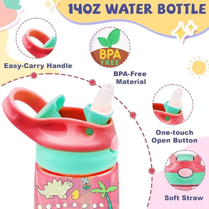 14oz Dinosaur Kids Water Bottle with Straw Lid - Cute Water Bottles for Kids, Leakproof, Lightweight, Durable Plastic Bottles for School, Pop-Up Straw Cover, Gift Cup for Girls Boys (Dinosaur)