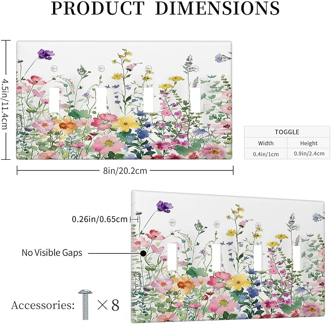 Light Switch Covers Boho Colorful Flowers Plant Rustic Wildflower Quad Toggle Electrical Faceplate 4 Gang Wall Plate Decorative Switch Plates for Bed Room Bathroom Decor