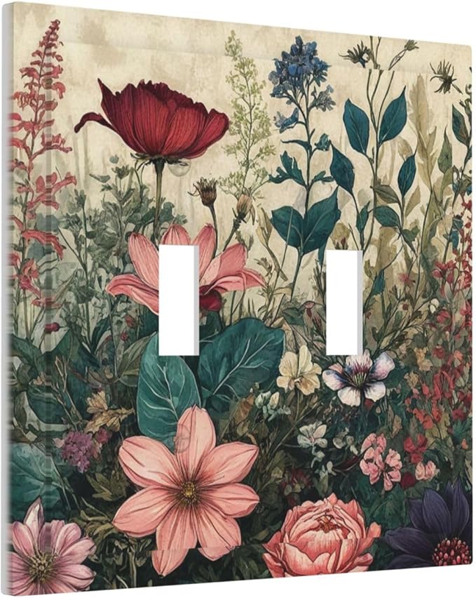 Decorative Light Switch Cover Rustic Wildflower Red Floral Green Plant 2 Gang Wall Plate Oversized Double Toggle Two Switch Dual Device Face Plate
