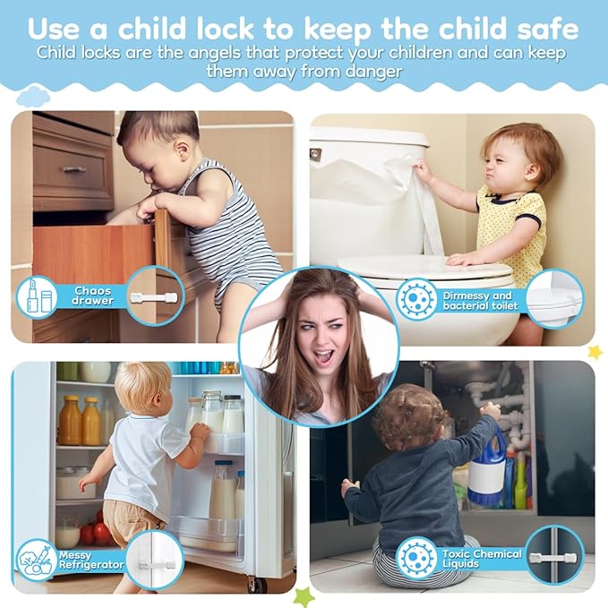 24-Pack Cabinet Locks Baby Proofing - Syican Child Proof Drawer Locks, Multi-Purpose for Drawers, Fridge, Toilet Seat, Trash Can, Ideal Stocking Stuffers, White