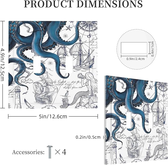 Nautical Vintage Map Octopus Mermaid Lighthouse Boat Decorative Switch Plates 2 Gang Double Toggle Outlet Light Switch Cover Wall Plate Electrical Faceplate for Bathroom Kids Room Decor