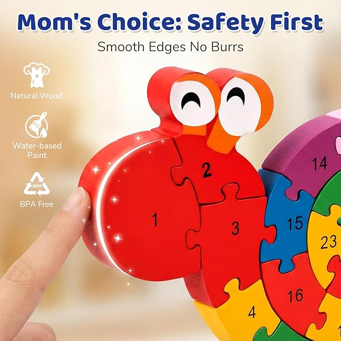 LovesTown Wooden Puzzles for Kids, Double Sided Snail Jigsaw with Alphabet & Numbers, Montessori Educational Toy for Toddlers, Chunky Animal Gift