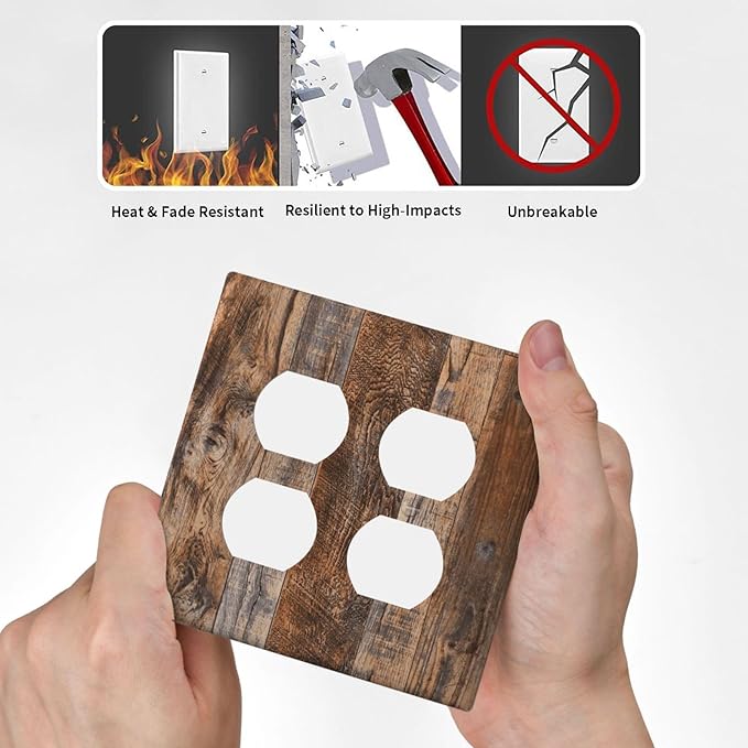 Vintage Board Rustic Brown Wood Texture Outlet Covers 2 Gang Double Duplex Decorative Light Switch Covers Electrical Wallplates Socket Faceplate for Farmhouse Home Decor