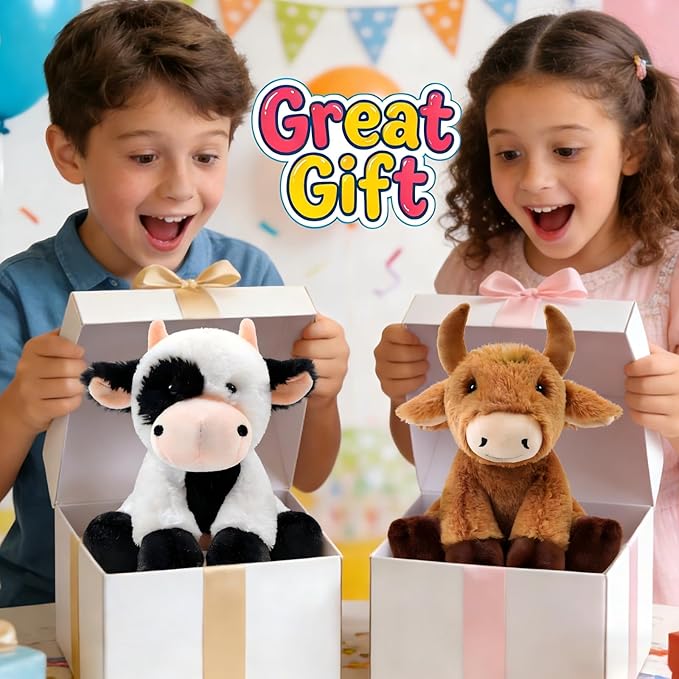 OROZCOR Bull Stuffed Animal, Cute Fluffy Cow Stuffed Animal 8.5in, Soft Longhorn Cow Plush Gifts for Kids Baby Girls Boys (Bull)