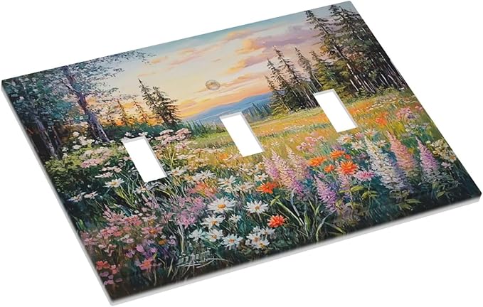 Decorative Switch Plates Floral Landscape Rustic Nature Wildflower 3 Gang Wall Plate Triple Toggle Light Switch Cover Faceplate Electrical Wall Panels For Bed Room Living Room Decor