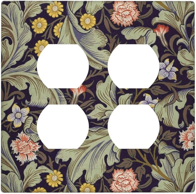 Boho William Morris Floral Green Leaves Flower Outlet Covers 2 Gang Double Duplex Decorative Light Switch Covers Electrical Wallplates Socket Faceplate for Farmhouse Home Decor