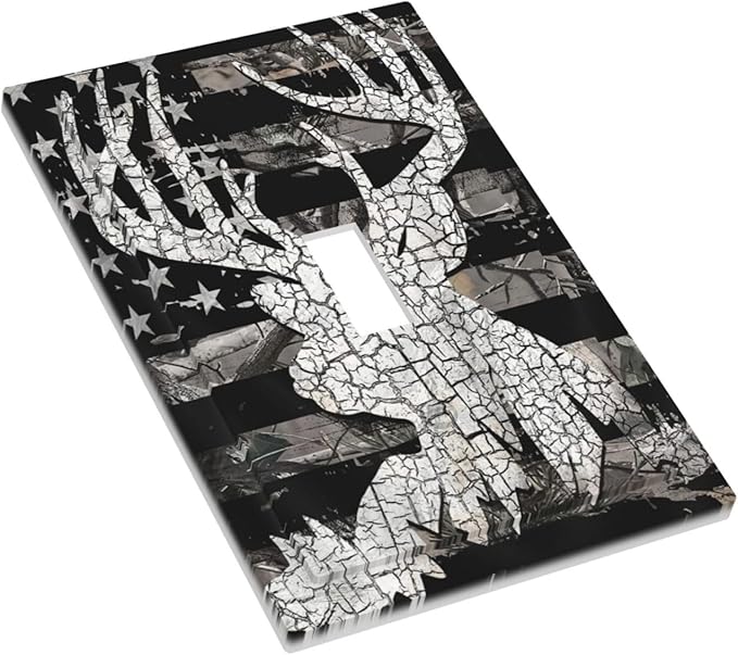 Black Usa Country American Flag Autumn Hunting Leaves Deer Antler Elk 1-Gang Device Single Toggle Outlet Light Switch Wall Plate Covers Electrical Midway Size Faceplate Decorative Switchplate