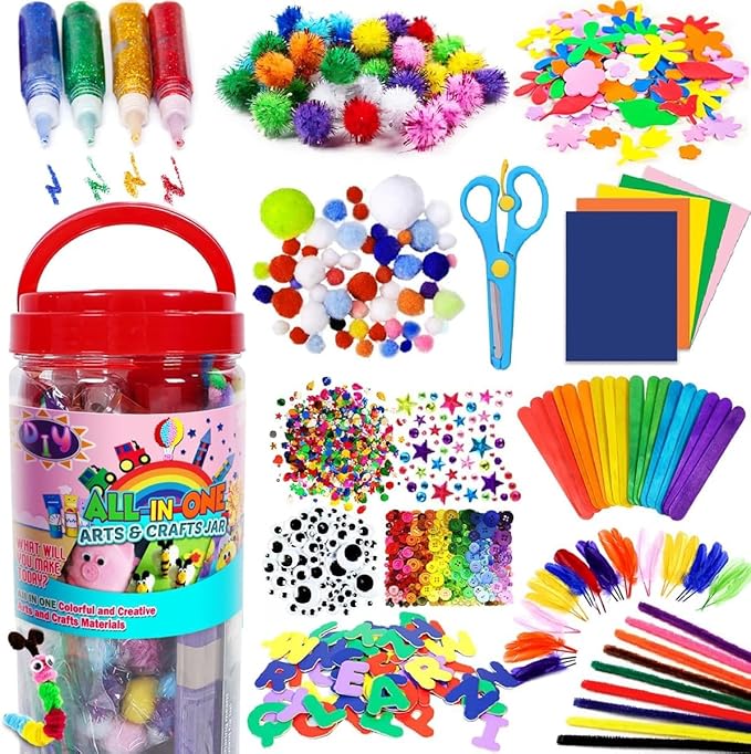 FUNZBO Arts and Crafts Supplies for Kids - Toddlers Craft Kit with Glitter Glue Stick,Pipe Cleaners Pom Poms Craft Tools, DIY School Supplies Kit, Girls Toys, Birathday Gifts for Girls Boys Age 4+