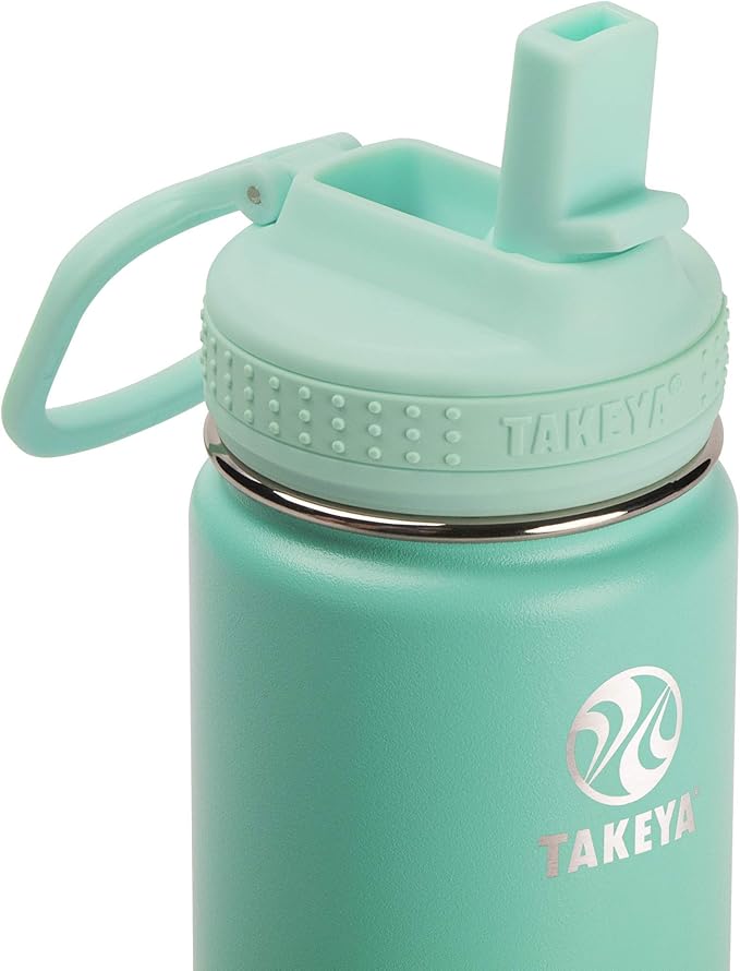 Takeya Actives Kids Water Bottle 14 oz Stainless Steel Double Wall Insulation BPA-Free Leakproof Straw Lid Easy Carry Handle Reusable Ideal for Boys and Girls, School, Sports - Seafoam