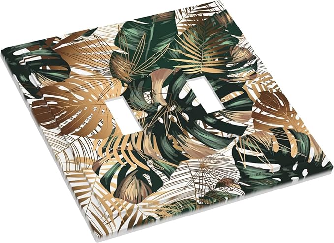 Green Tropical Leaves Gold Palm Leaf Botanical Double Toggle Light Switch Covers Decorative Unique 2 Gang Wall Plate Dual Electrical Faceplate Switchplate for Bedroom Living Room Decor