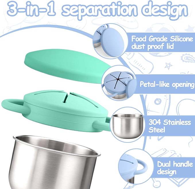 Mity rain Stainless Steel Snack Containers for Toddlers with Spill-Proof Silicone Lids Handles - 3-in-1 Baby Snack Cups, No-Spill Toddler Snack Box (Blue+Green, Two piece set)