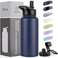 DOMICARE 32 oz Insulated Water Bottle, Vacuum Insulated Stainless Steel Sports Water Bottle with Straw Lid & Spout Lid, Leakproof, Reusable - Travel, Camping, Bike, Navy Blue