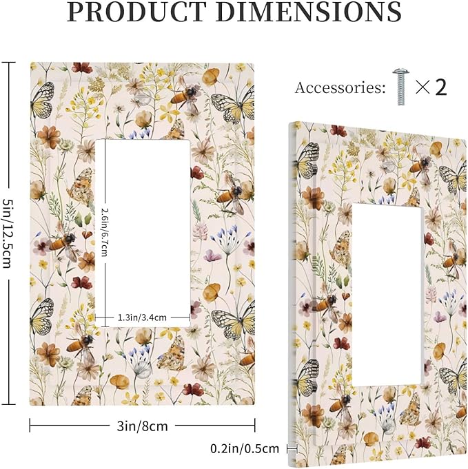 Vintage Butterflies Single Rocker Outlet Wall Plates Colorful Wildflower 1 Gang Light Switch Cover Decorative Cute Bees Electrical GFCI Switchplate Beige Flower Leaves Dimmer Decor for Bedroom Kidroom