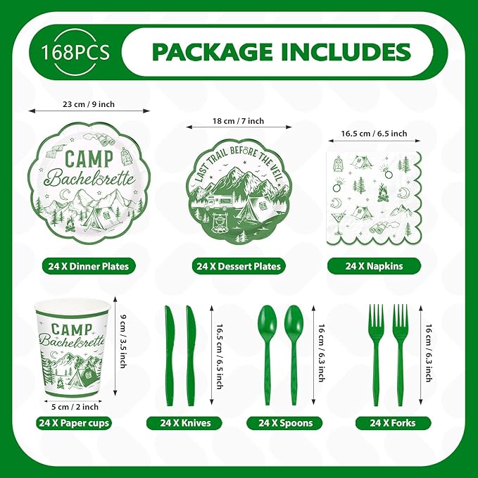 168Pcs Camp Bachelorette Party Decorations Scalloped Mountain Camp Plates and Napkins Cups Tableware Sets Camping Bachelorette Decoration for Bridal Shower Wedding Engagement Party Supplies Serves 24