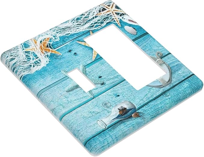 Aqua Teal Fishing Net Wood Plank 2 Gang Single Toggle/Rocker Combination Light Switch Cover Nautical Beach Seashell Coral Decorative Electrical Combo 1-Decorator/GFCI 1-Toggle Switch Face Wall Plate