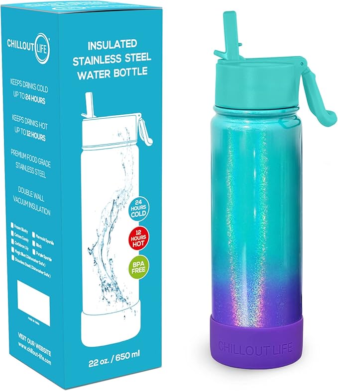 CHILLOUT LIFE 22 oz Kids Insulated Water Bottle for School with Straw Lid Leakproof and Cute Waterproof Stickers, Personalized Stainless Steel Thermos Flask Metal Water Bottle, Mermaid Sparkle