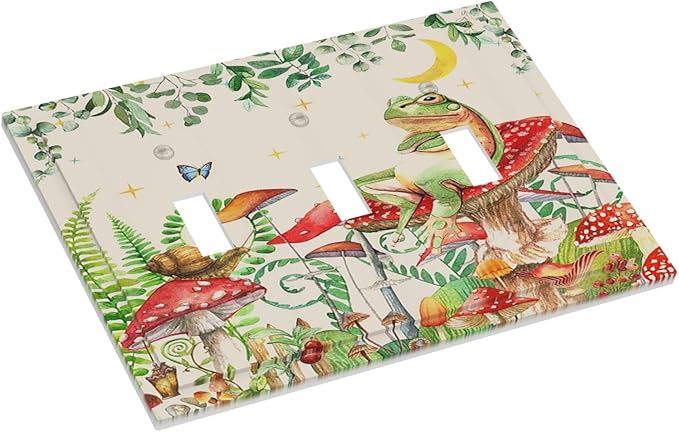 Decorative Switch Plates Boho Mushrooms Frogs Butterflies Flowers Moon Stars 3 Gang Wall Plate Faceplate Triple Toggle Light Switch Cover Electrical Wall Panels for Kids room Bedroom Decor