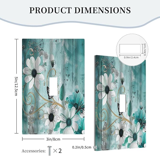 Decorative Switch Plate Covers Turquoise Flowers and Butterflies Rustic Teal White Floral 1 Gang Wall Plate Single Toggle Light Switch Cover Plate Electrical Switchplate Receptacle Faceplate