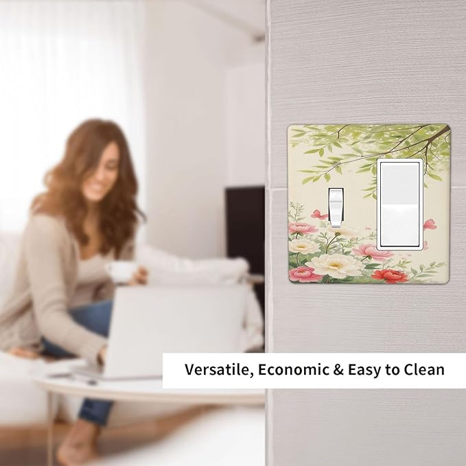 Outlet Covers Garden Flowers Green Leaves And Butterflies 1 Toggle 1 Rocker Combination Decorative Wall Plate Light Switch Cover Plate Electrical Switch Plates for Bedroom Cabin Decor