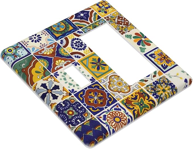 Boho Mandala Mosaic Ceramic Tile 2 Gang Combination Single Toggle/Decorator Wall Plate Yellow/Blue/Green Mexican Tile Combo 1-Toggle 1-GFCI/Rocker Outlet Light Switch Dimmer Receptacle Faceplate Cover