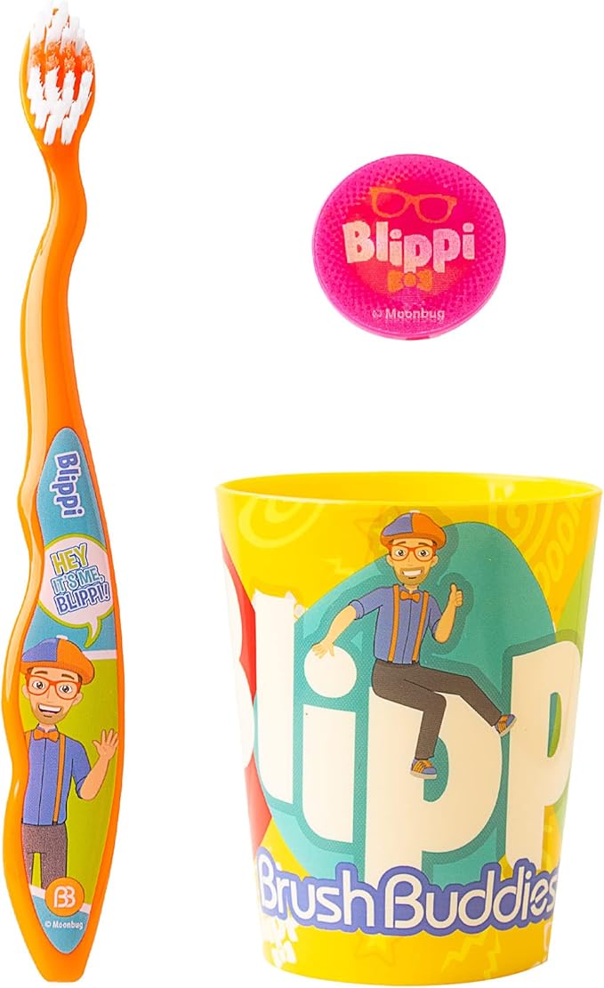 Brush Buddies Blippi Kids Toothbrushes Kit Manual Toothbrushes for Kids Toddlers 2+ Years Travel Toothbrush Kit with Cover Cup 3PC Soft Bristles Rounded Head Easy Grip Anti Slip Handle Oral Care Set