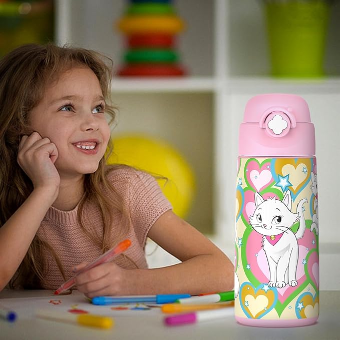 Girls Insulated Water Bottle with Covered Pop-Up Straw,16 oz Kids Cups with Stainless Steel Leak Proof for School（2 pack,Unicorn+Cat）