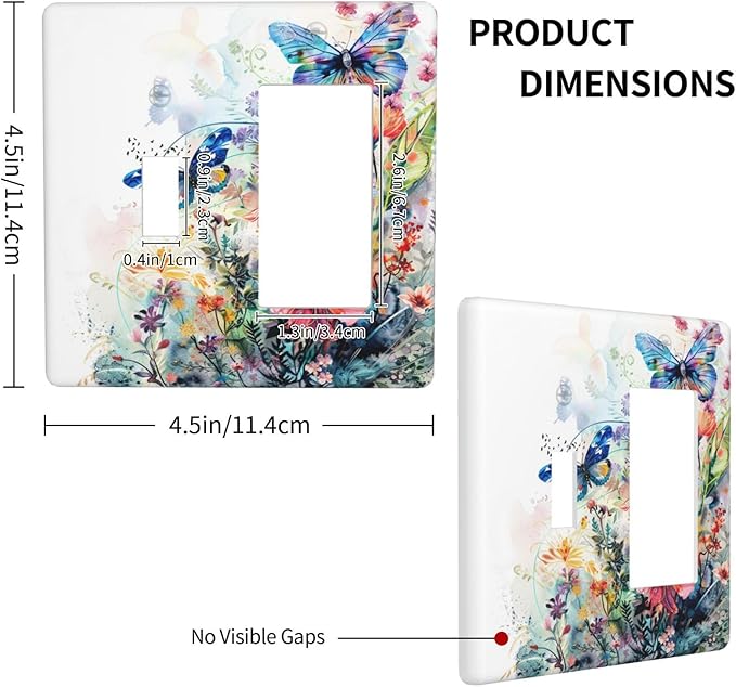 Light Switch Cover Plate Watercolor Colorful Floral Butterflies Wildflowers 2 Gang Combo Wall Plates Toggle Rocker Decorative Switch Plates and Outlet Covers for Bathroom Bedroom Decor