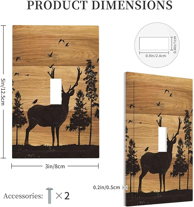 Elk Moose Forest Hunting Pyrography Art Wood Texture Print Decorative Light Switch Cover 1 Gang Single Toggle Device Electrical Faceplate Switchplates Decorator Outlet Wall Plate for Farmhouse Bedroom
