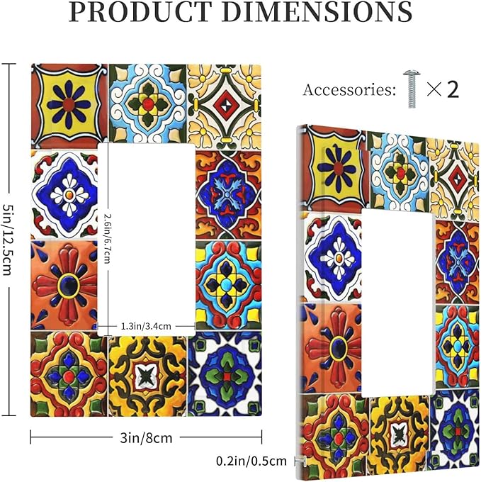 Vintage Colorful Boho Mexican Moroccan Tile Decorative Outlet Covers 1 Gang Single Rocker Light Switch Cover Plate Wall Plates GFCI Faceplate for Farmhouse Home Decor