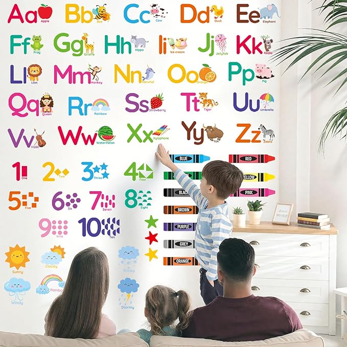 AOWDIAO Learning Wall Decals for Kids - Peel and Stick Alphabet, Numbers, Colors & Animals - Classroom, Nursery and Playroom Educational Decor