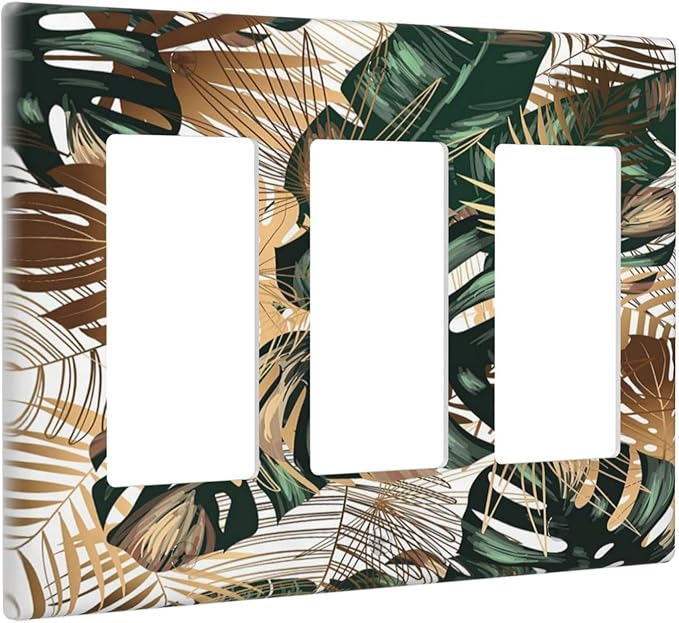 Green Tropical Leaves Gold Palm Leaf Botanical 3 Gang Rocker Light Switch Covers Decorative Unique Triple Outlet Wall Plate Cover Faceplate Decorative Switchplate GFCI for Kitchen Bedroom Bathroom