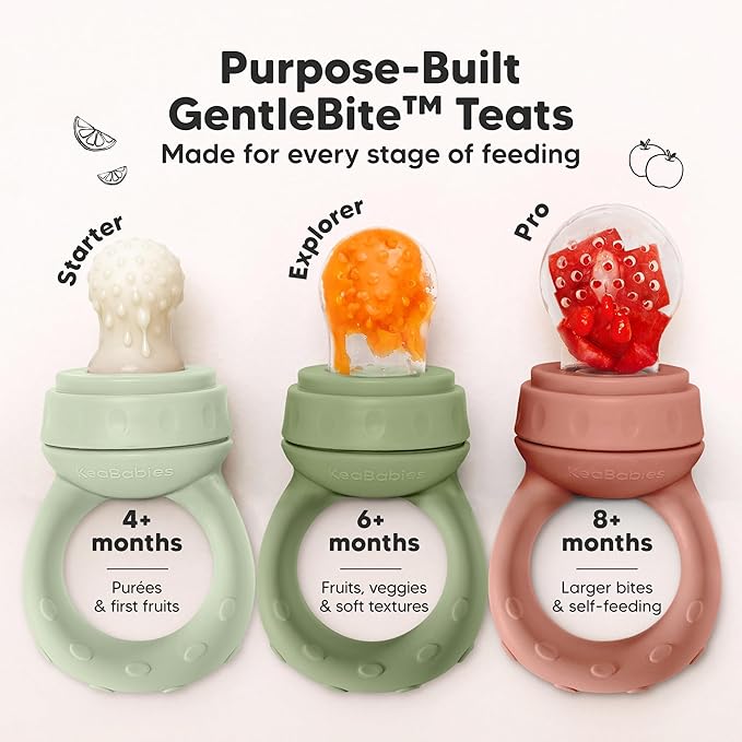 KeaBabies Baby Fruit Feeder 2pk - Silicone Baby Food Feeder for Babies 6-12 Months, Breast Milk Popsicle Teether, Weaning, Pacifier, Freeze Frozen Solid Food, Infant Feeding Essential (Soft Fern)