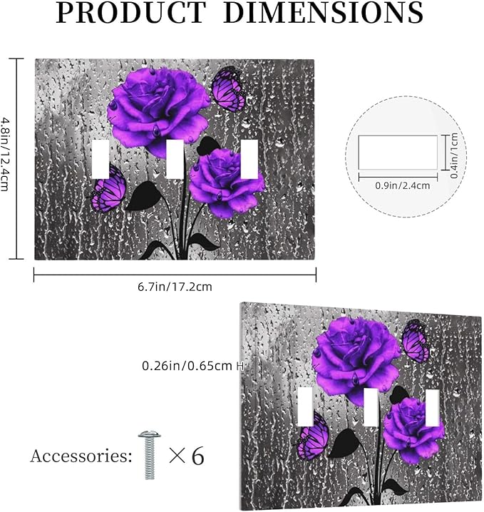Decorative Rose Art 3 Gang Toggle Light Switch Cover, Purple/Gray Flowers Floral Butterfly Girly Romantic Blossom Triple Toggle Device Switch Face Wall Plate Electrical Decorator Outlet Cover