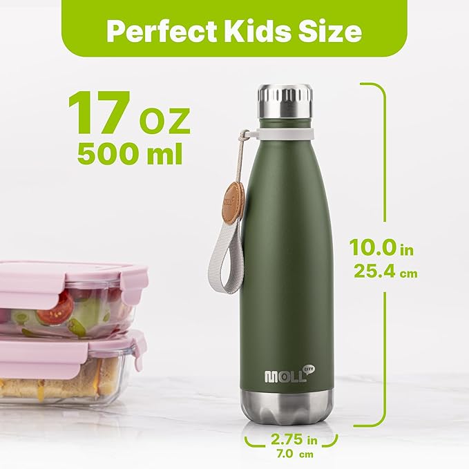 Insulated Water Bottle-17 oz Stainless Steel Double Walled Vacuum Water Bottles for School Cola Shape-Leak Proof Sports Water Bottle BPA Free(Grass Green)