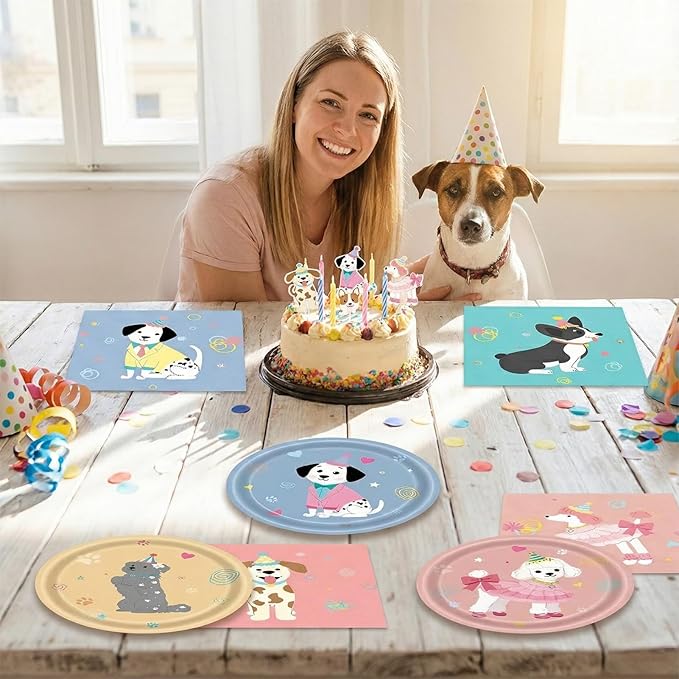48Pcs Dog Birthday Party Supplies Set - Cute Puppy Themed Paper Plates & Napkins, Serves 24 Guests, Disposable Pet Party Tableware for Kids Birthday Baby Shower Table Decor