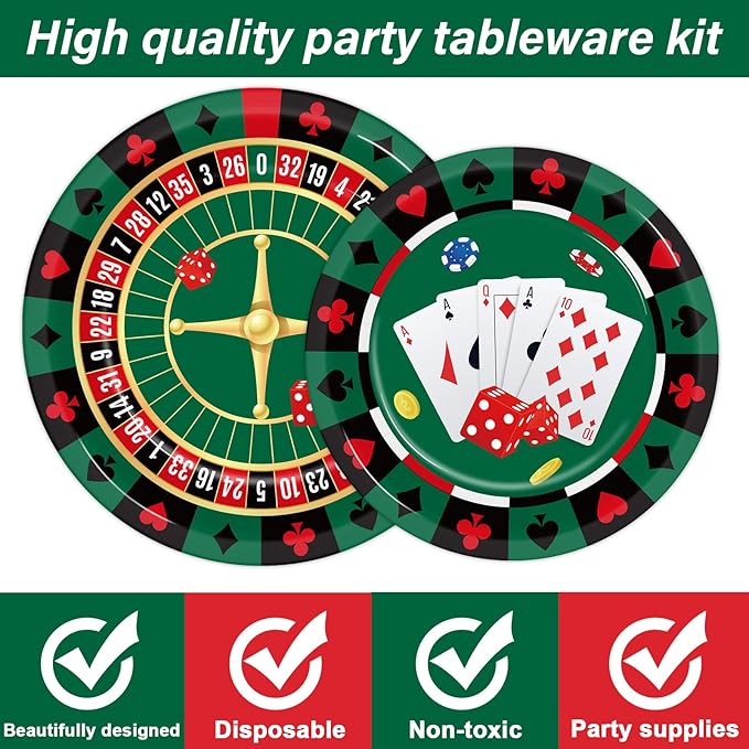 96 Pieces Casino Themed Party Tableware Set for Las Vegas Birthday Party Decorations Casino Poker Card Birthday Party Dessert Paper Plates Napkins Forks for 24 Guests Poker Card Playing Club Supplies