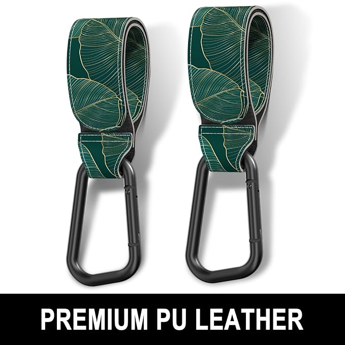 Baby Stroller Hooks for Hanging Bags, Universal Stroller Clips Accessories, Mommy Hook for Diaper Bag, Shopping Cart, Purse, Backpack - 2 Pack, Green Leaf