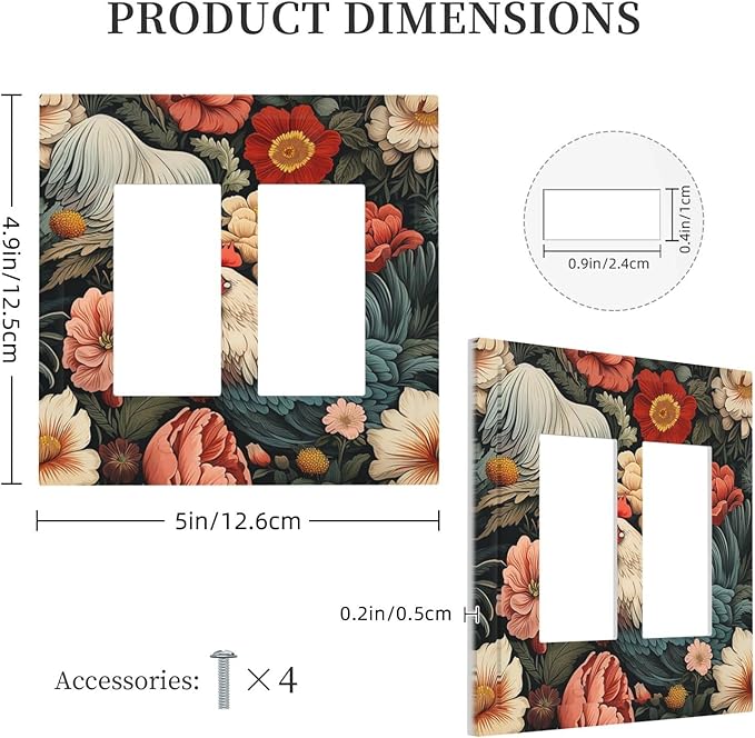 Decorative Outlet Covers Rooster Flowers Red White Chicken Floral 2 Gang Double GFCI Rocker Electrical Wall Panels Light Switch Cover Plate for living Room Farmhouse Decor