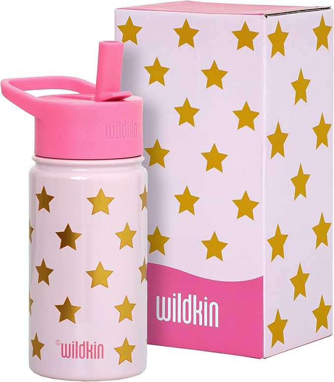 Wildkin Kids 14oz Stainless Steel Water Bottle – BPA-Free, Leakproof, Insulated, Easy-Clean - Pink and Gold Stars