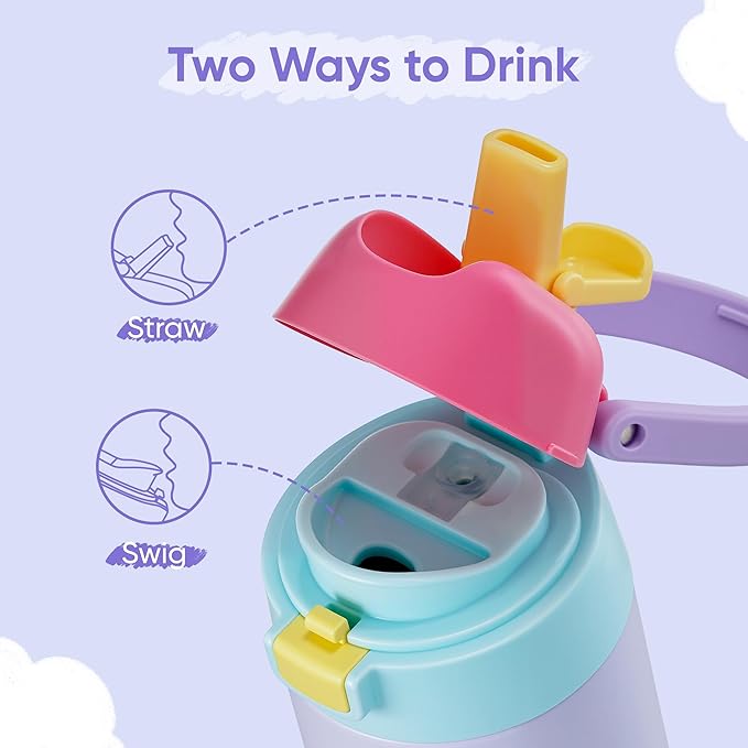 12 oz Water Bottle Insulated, 304 Stainless Steel Insulated Kids Water Bottle with Straw, 2-in-1 Lid Toddler Cups for School Boys Girls, BPA-Free, Leak-Proof, Great for Sport, Travel, Gift, Rainbow