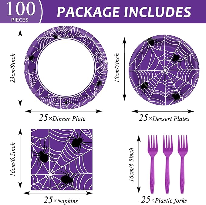 Qyeahkj 100 Pcs Halloween Birthday Party Supplies Paper Plates and Napkins Set Disposable Spider Web Tableware Decorations for Halloween Theme Baby Shower Serves 25