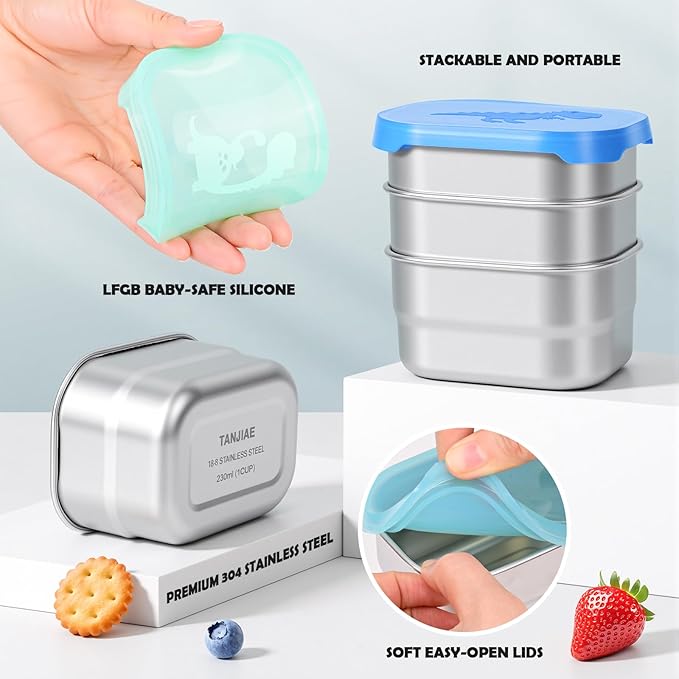 Tanjiae 3×8oz Small Stainless Steel Snack Containers for Kids & Toddlers - 230mL Leakproof Food Containers with Cute Dino Lids | LFGB Certified, Stackable Metal Snack Box for Daycare, School, Travel