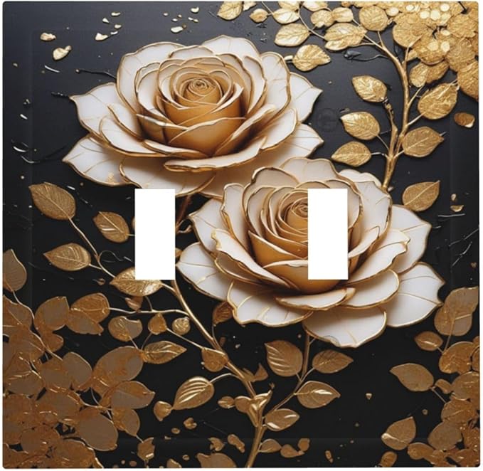 Decorative Light Switch Plate Covers Big Golden White Roses Glod Leaves Black Background 2 Gang Wall Plate Double Toggle Switch Cover Plate Electric Dual Device Electrical Faceplate