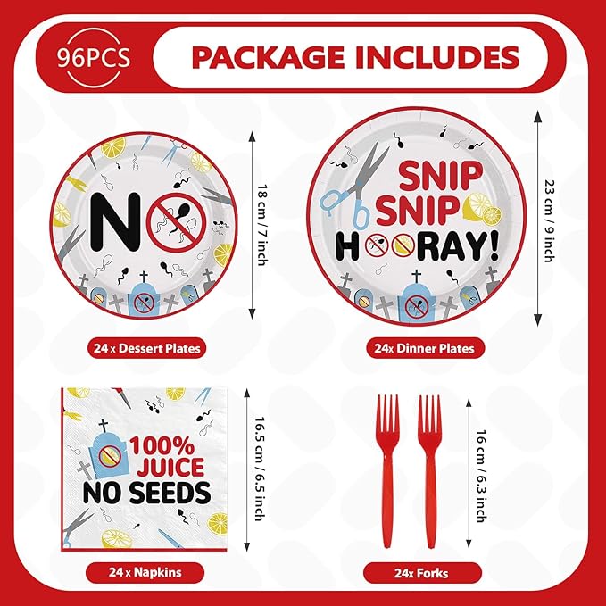 96Pcs Funny Vasectomy Party Supplies Snip Vasectomy Plates and Napkins Disposable Little Tadpole Scissors Tableware Set for Men Boys Get Well Soon Husband Boyfriend Humor Party Decorations Serves 24