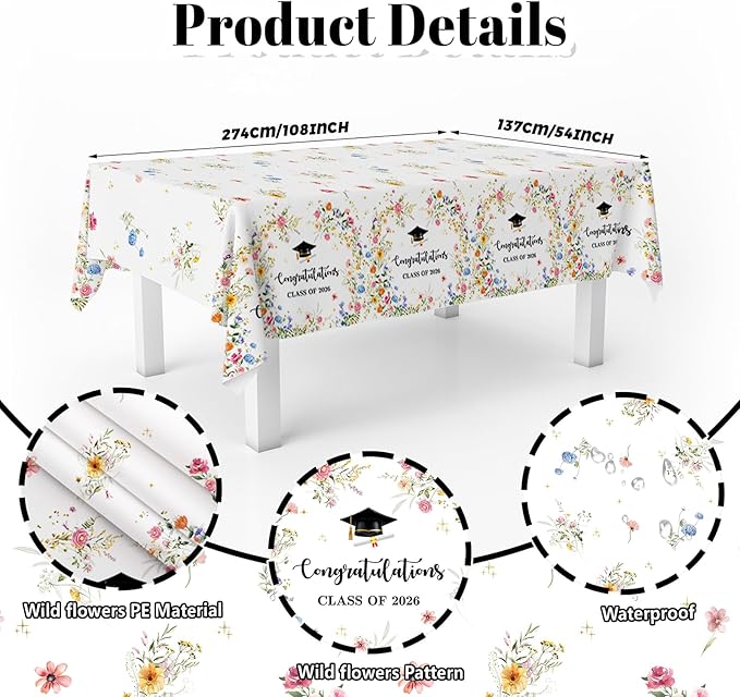 MEHOFOND 169pcs Wildflower Graduation Disposable Plates Napkins Cups Tablecloth Set Floral Congrats Grad Disposable Tableware Set for 24 for Class of 2026 Graduation Decorations