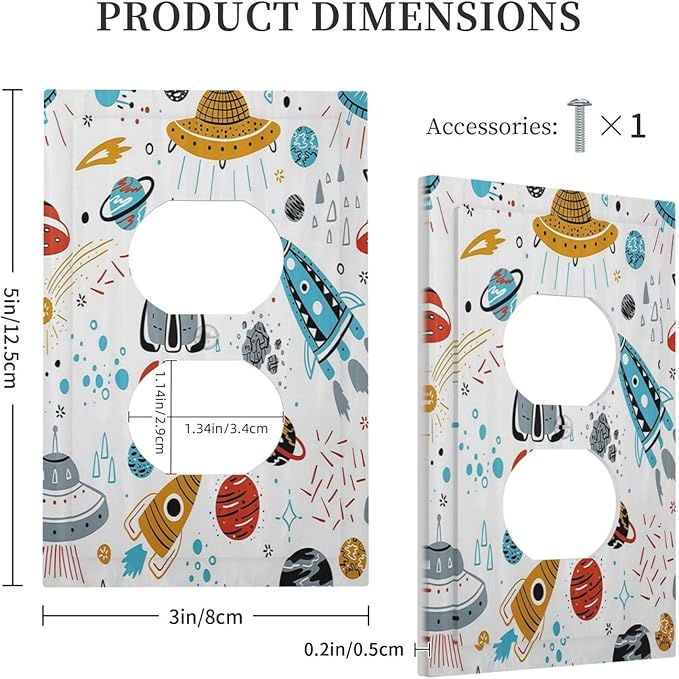 Cartoon Space Rocket Boys Universe Planet 1 Gang Outlet Plate Decorative Single Duplex Wall Plate Covers Unique Electrical Receptacle Light Switch Cover Art Faceplate Switchplate for Kidroom Decor