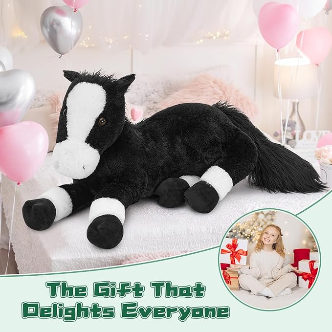 Tezituor 4ft Giant Black Horse Stuffed Animal, Realistic 47 inch Large Stuffed Horse Plush Toy for Boys Girls, Hugging Soft Pony Body Pillow Birthday Gift for Boys Girls